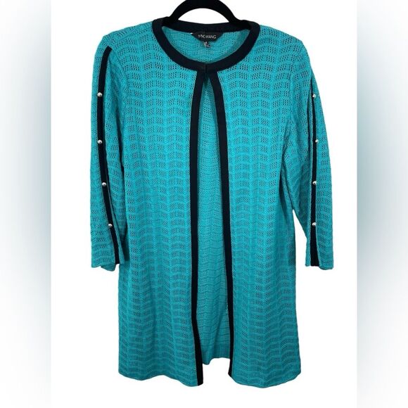 Ming Wang Teal Turquoise Cardigan Jacket Black Trim Size SMALL - Picture 1 of 6